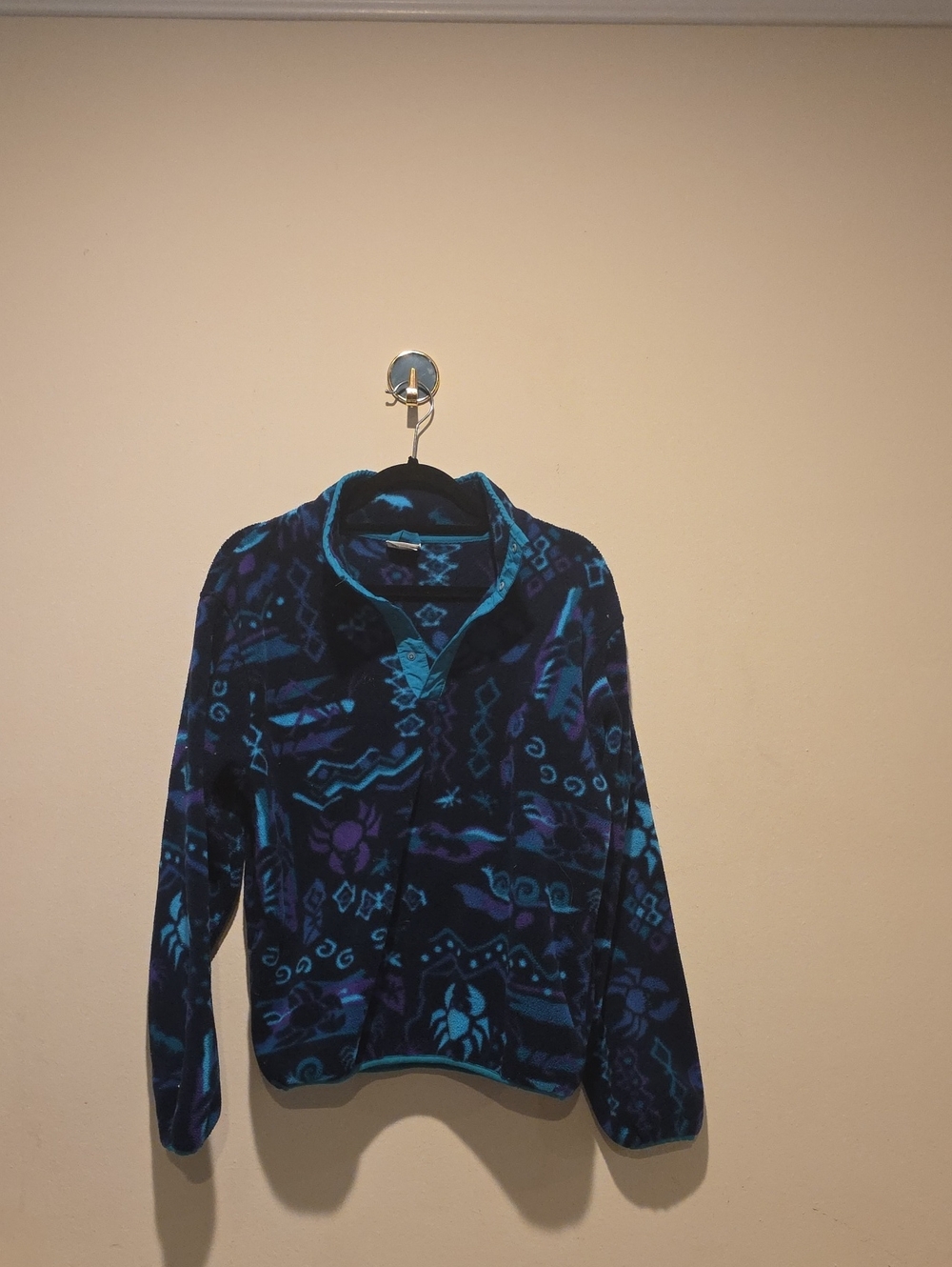L.L. Bean Blue and Teal Patterned Fleece Pullover Vintage Xl Kids Made In Usa